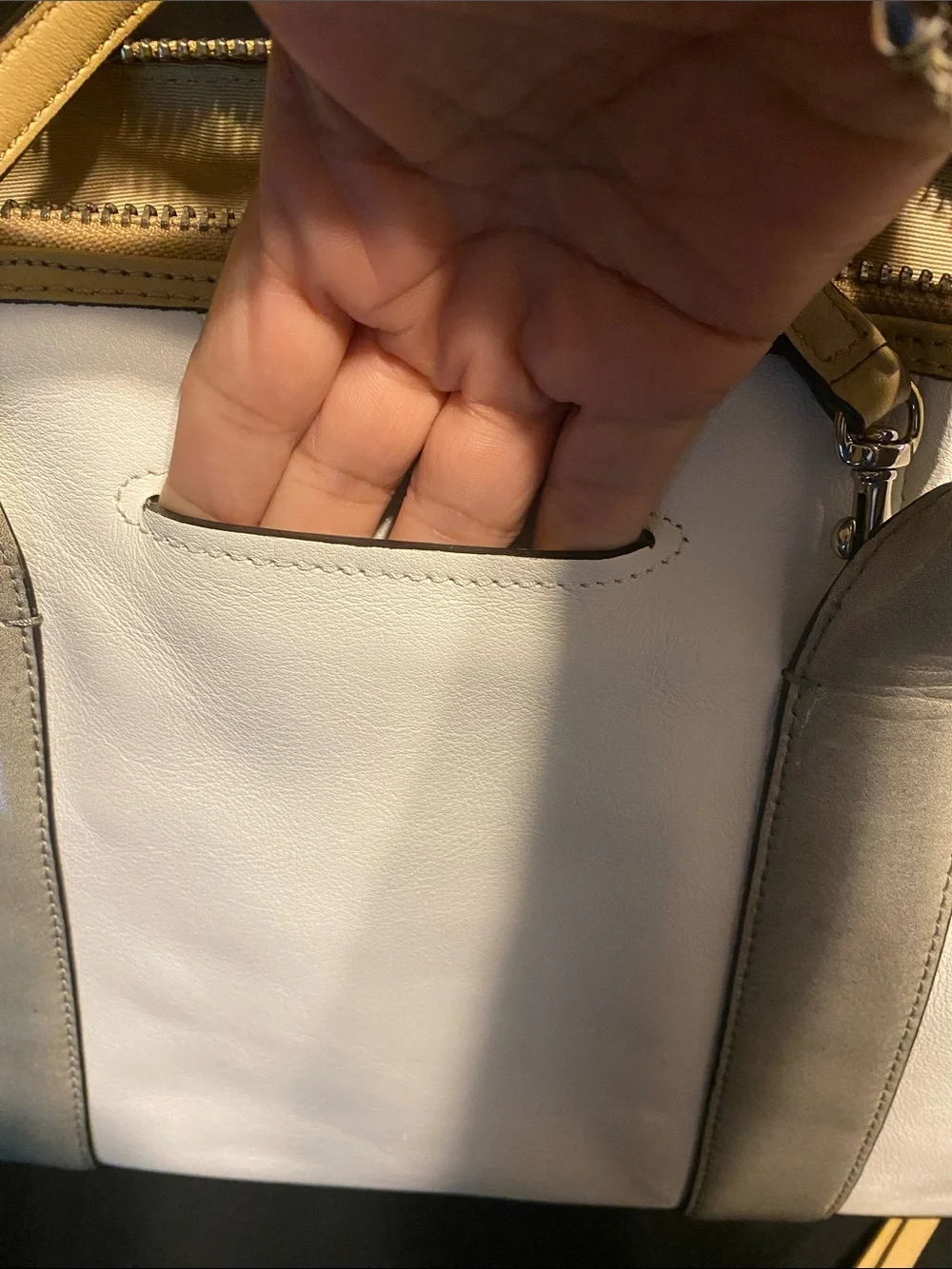 Coach White Leather Bleecker Satchel with Tan and Gray Trim